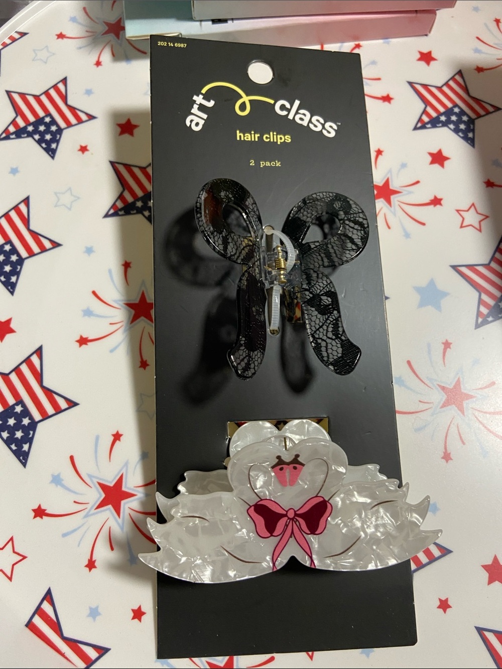 art class Black Lace Bow & White Swirl Swan Hair Clips - 2 Pack
